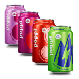 Poppi Classic Cola can on white, a refreshing prebiotic soda for daily use