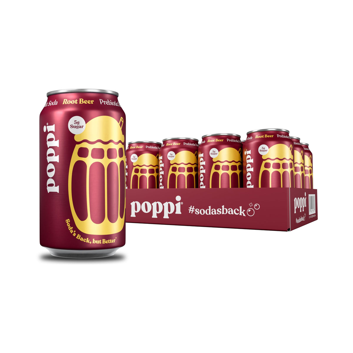 Poppi Sparkling Root Beer bottle shows prebiotic soda with ACV for a refreshing moment.