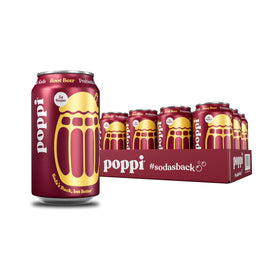 Poppi Sparkling Root Beer bottle shows prebiotic soda with ACV for a refreshing moment.