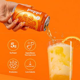 Poppi Sparkling Prebiotic Soda Strawberry Lemon can for a zingy citrus-fruit flavor