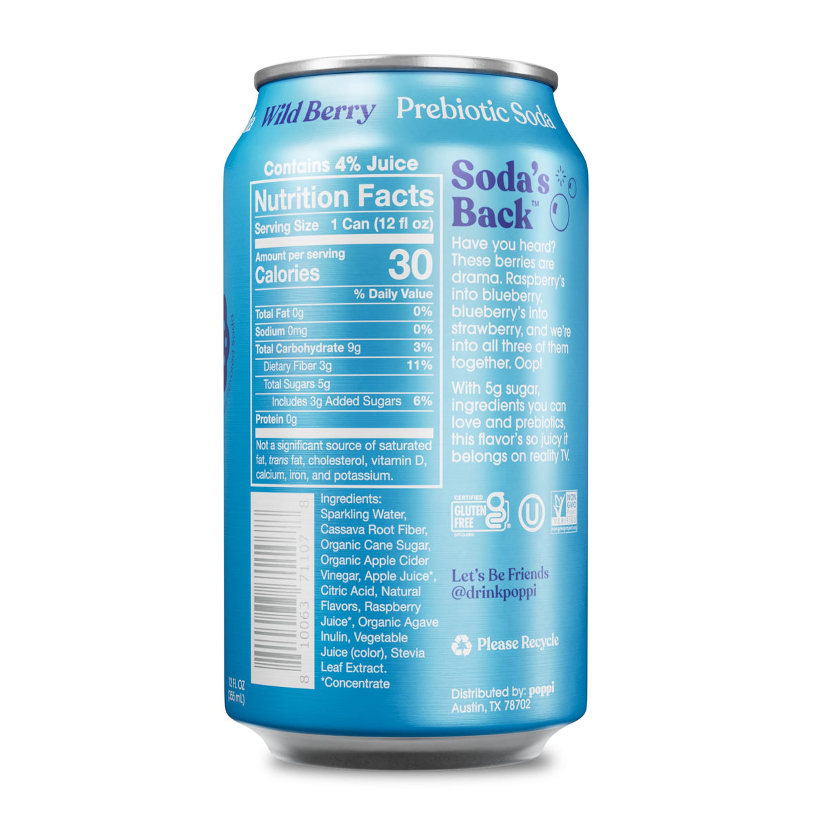 Poppi Wild Berry sparkling soda can shown for convenient on-the-go refreshment.