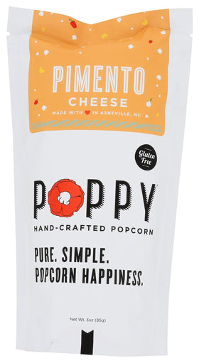 Poppy Handcrafted Popcorn pimento cheese popcorn bag for savory snacking.