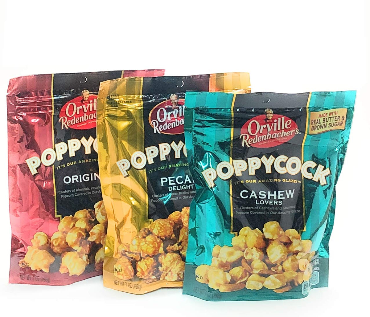 Poppycock variety-pack box featuring Original, Pecan Delight, and Cashew Lovers for snack lovers