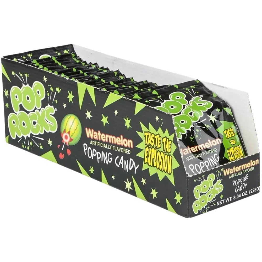 Pop Rocks Watermelon candy close-up, sparkling crunch ready to pop.