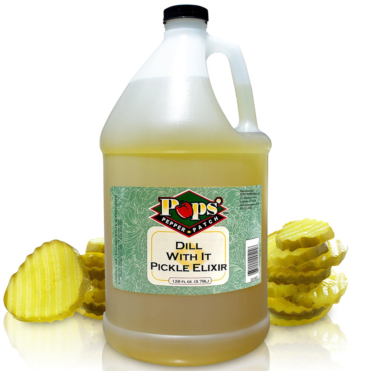 POPS' PEPPER PATCH dill pickle brine bottle pour for a crisp, hydrating dill flavor.
