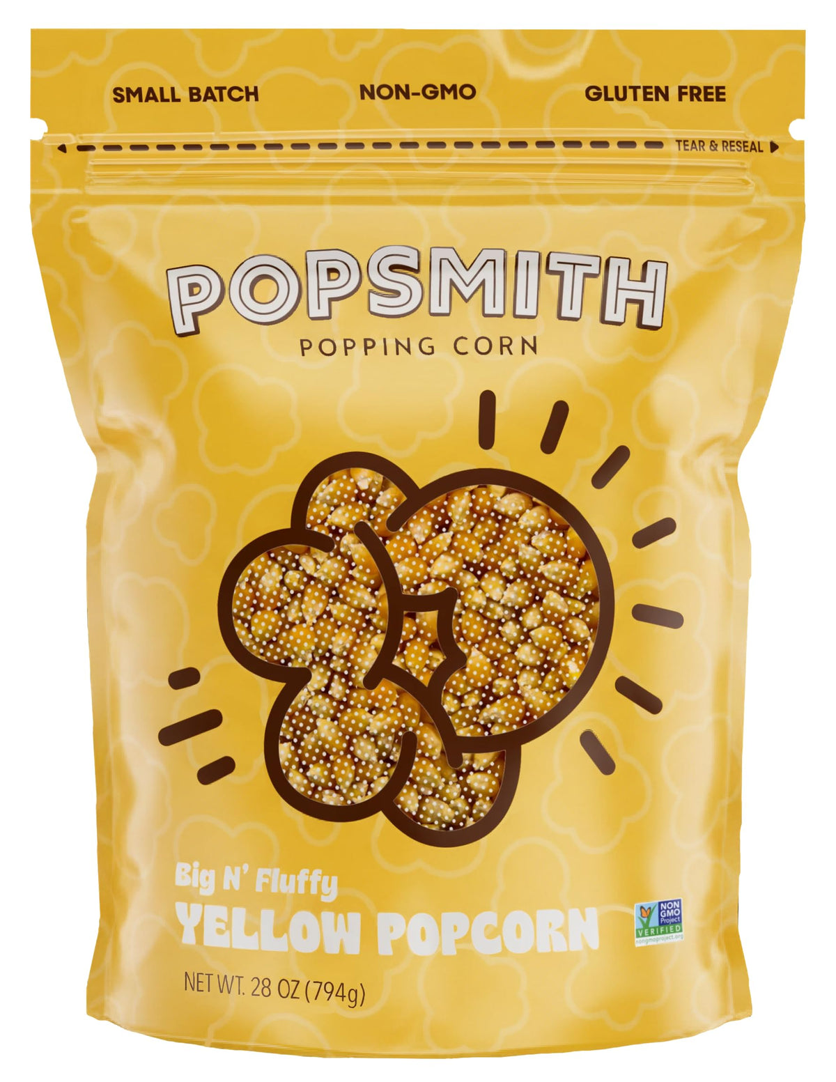 PopSmith 28oz pouch of yellow popcorn kernels for theater-style home popcorn.