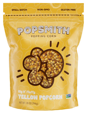 PopSmith 28oz pouch of yellow popcorn kernels for theater-style home popcorn.