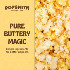 POPSMITH butter drizzle on fluffy popcorn enhances taste.