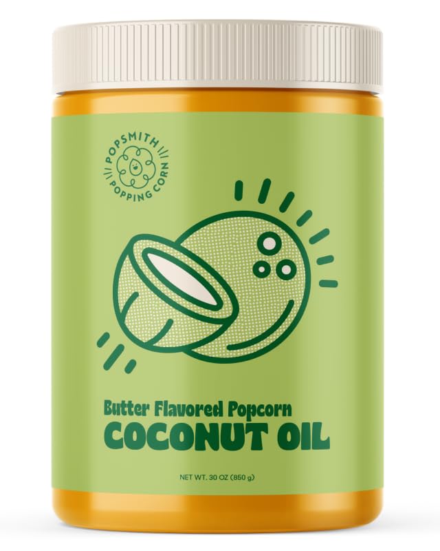 POPSMITH butter flavored coconut oil 30oz bottle for movie-theater style popcorn.
