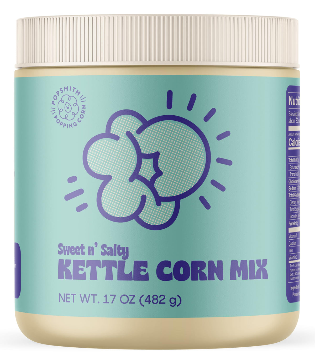POPSMITH kettle corn seasoning jar close-up for rich home flavor.