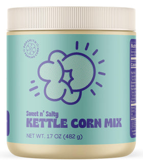 POPSMITH kettle corn seasoning jar close-up for rich home flavor.