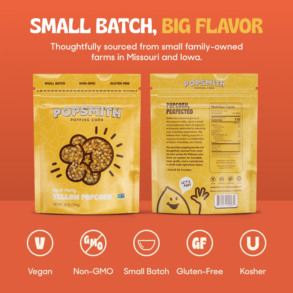 PopSmith non-GMO vegan gluten-free kernels highlight wholesome snacking.