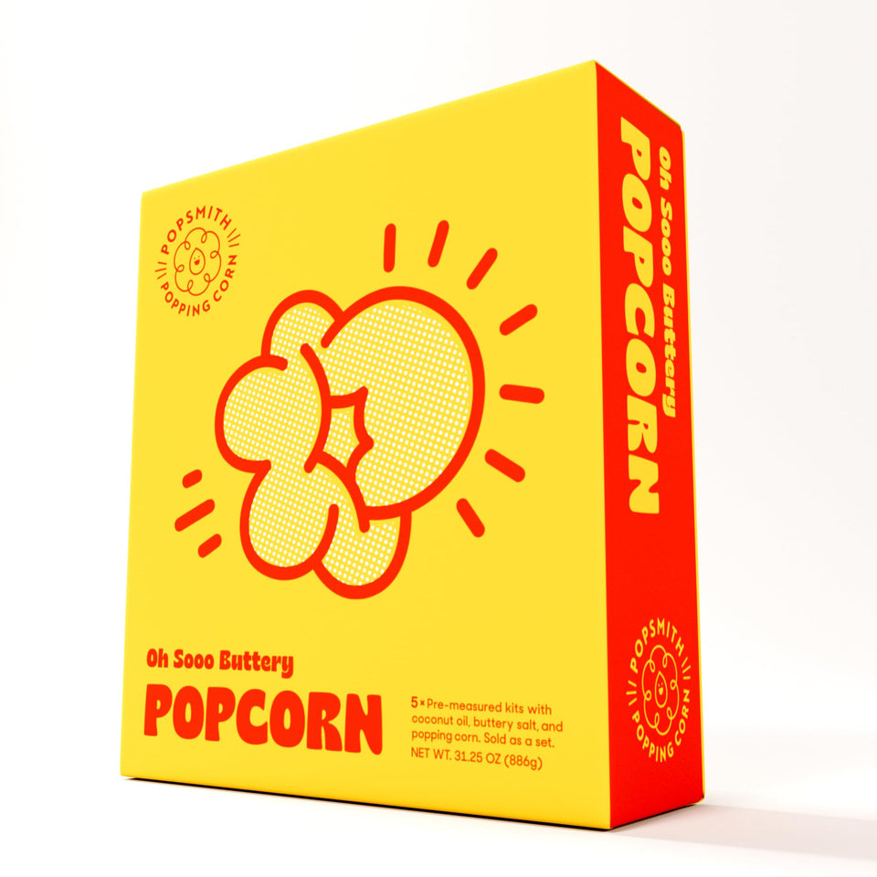 POPSMITH Oh Sooo buttery popcorn kit open, cinema flavor at home.