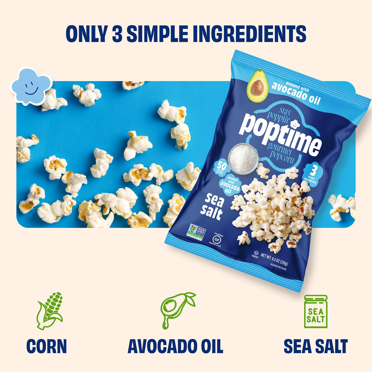 Poptime Avocado Oil Popcorn close-up highlights simple ingredients.
