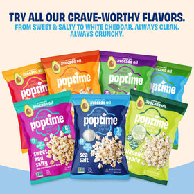 Poptime Gluten-free vegan popcorn pack emphasizes a carefree snack option.
