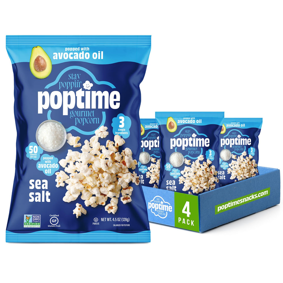 Poptime Sea Salt Kettle Popcorn bag shows crisp, savory flavor for movie nights.