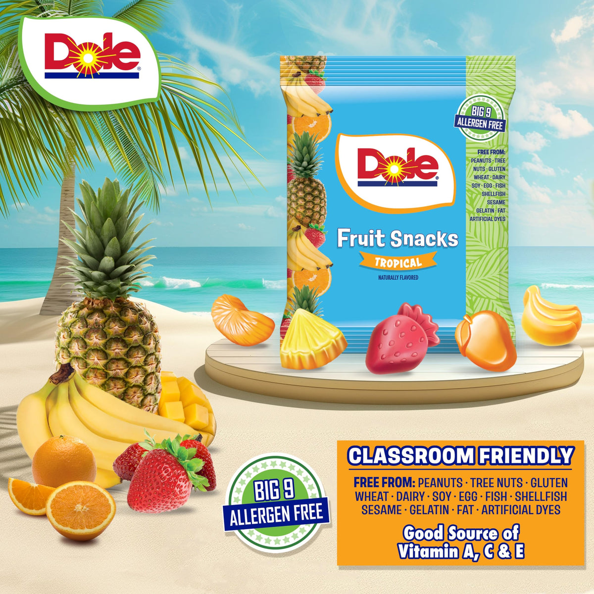 POPUPS! LOLLIPOP Dole Fruit Snacks allergen-free for safe school snacks.