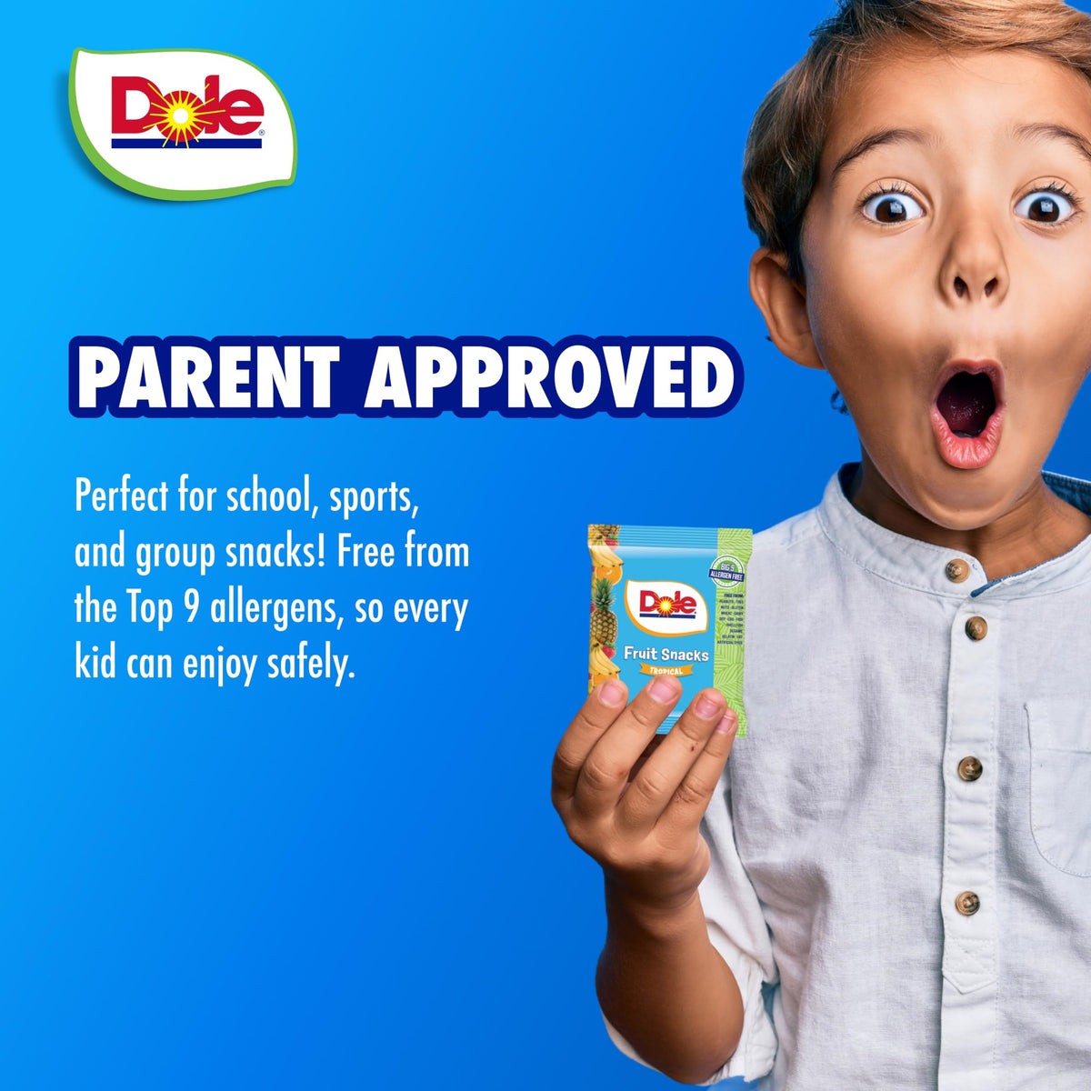 POPUPS! LOLLIPOP Dole Fruit Snacks no artificial dyes for vibrant, natural look.