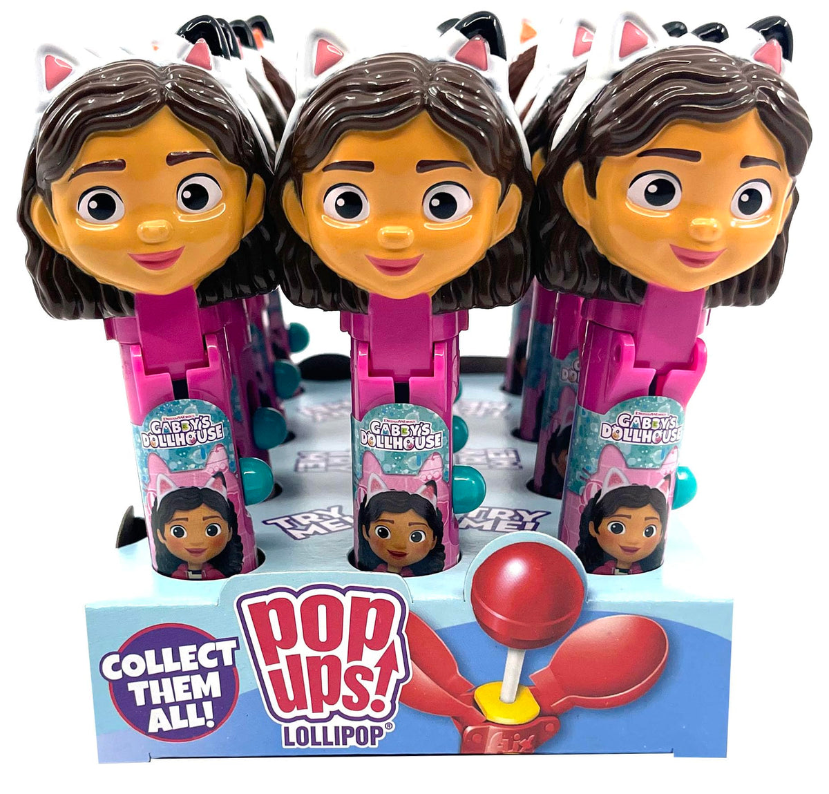 POPUPS! LOLLIPOP Gabby's Dollhouse holder, open, reveals lollipop inside
