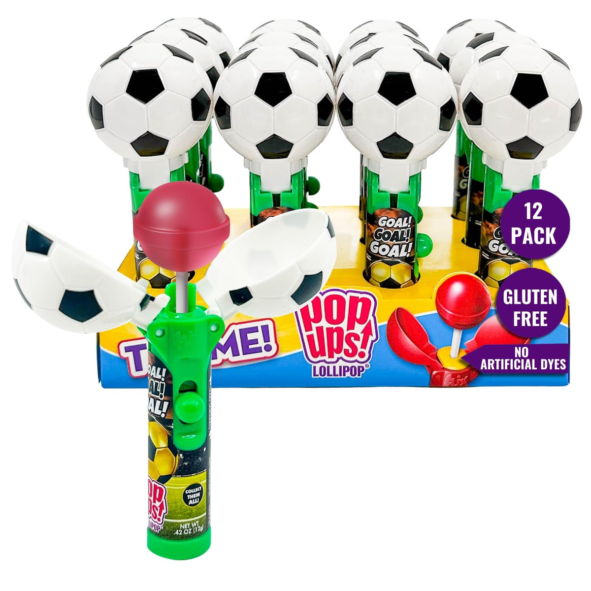 POPUPS! LOLLIPOP soccer ball holder front view, mess-free party candy accessory.
