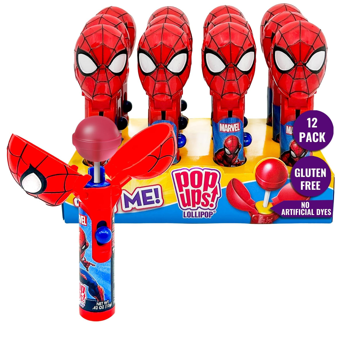 POPUPS! LOLLIPOP Spiderman holder opened by button for a clean treat.