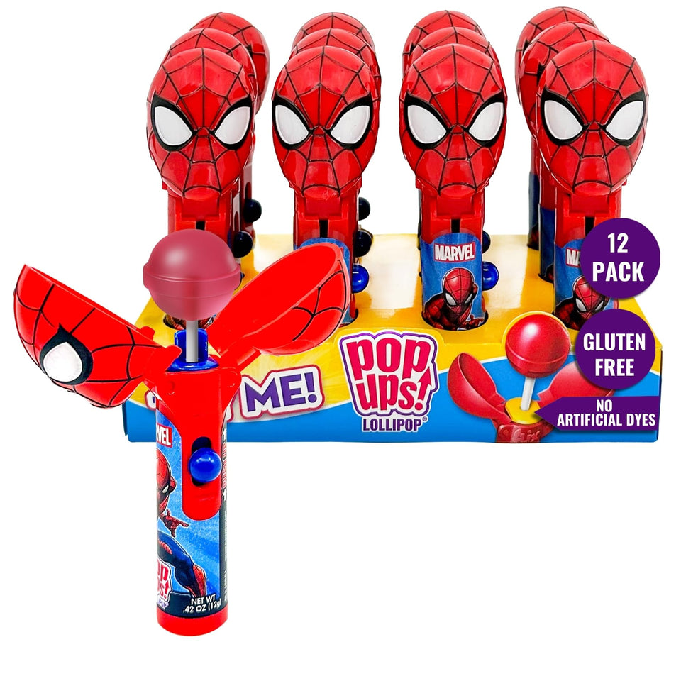 POPUPS! LOLLIPOP Spiderman holder opened by button for a clean treat.