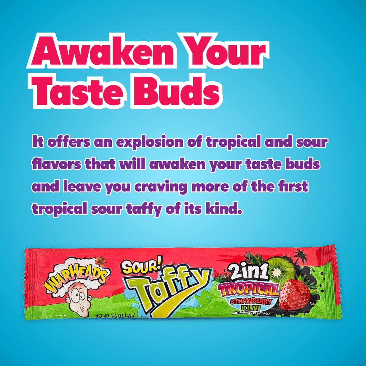 Close-up of chewy texture for WARHEADS tropical sour taffy bars
