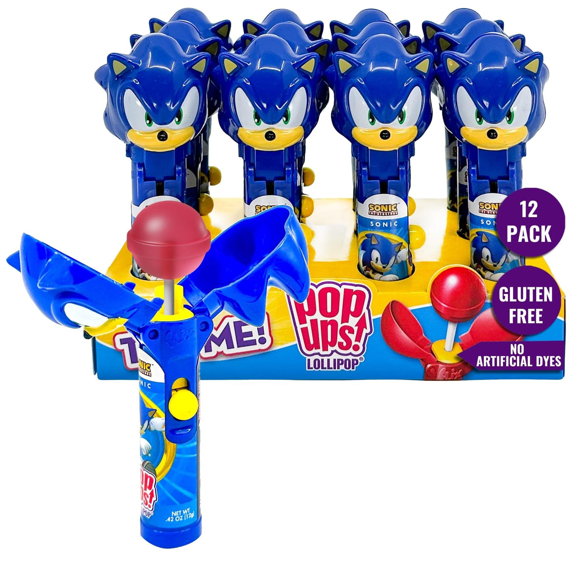 POPUPS! Sonic Hedgehog lollipop holder open showing a wrapped lollipop for mess-free eating