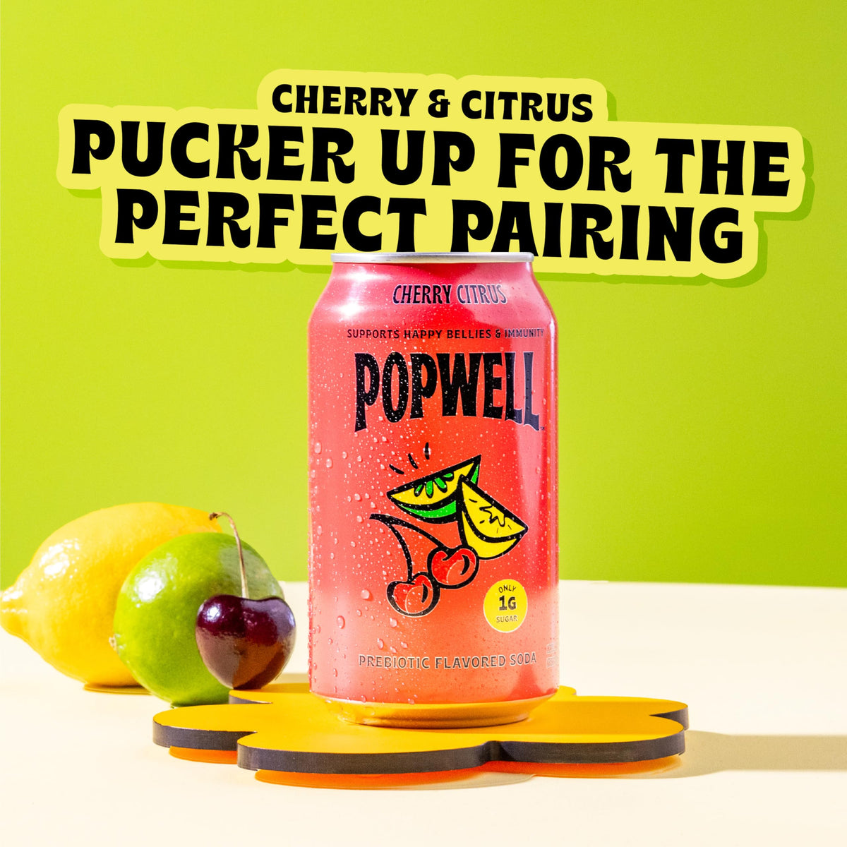Popwell Cherry Citrus can side view; compact, low sugar refreshment.