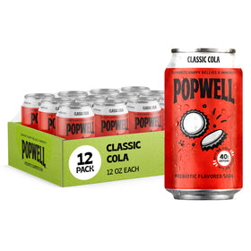 Popwell Classic Cola can featuring fiber-rich formula and natural caffeine for energy