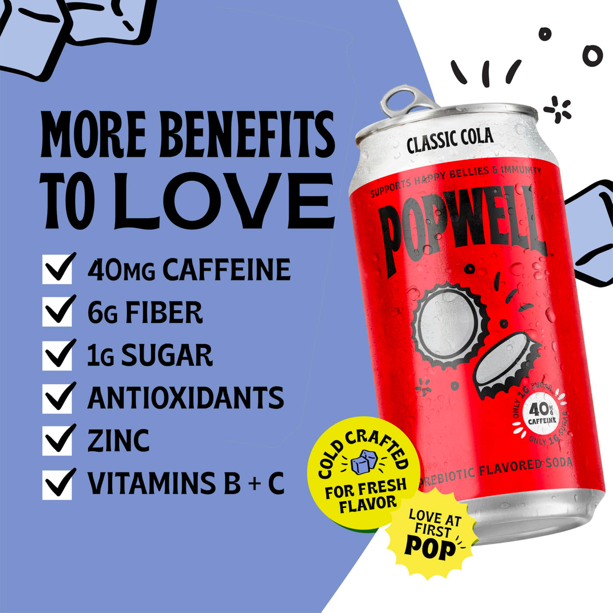 Popwell Classic Cola label close-up highlighting vitamins and antioxidants