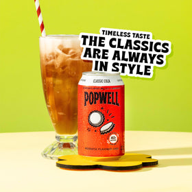 Popwell Classic Cola pour showcasing crisp, refreshing flavor and 6g fiber