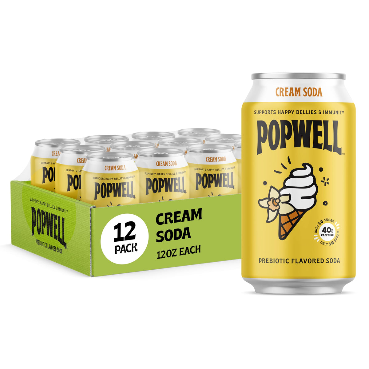 Popwell Cream Soda can pack showcases the 12-pack, a convenient prebiotic refreshment.