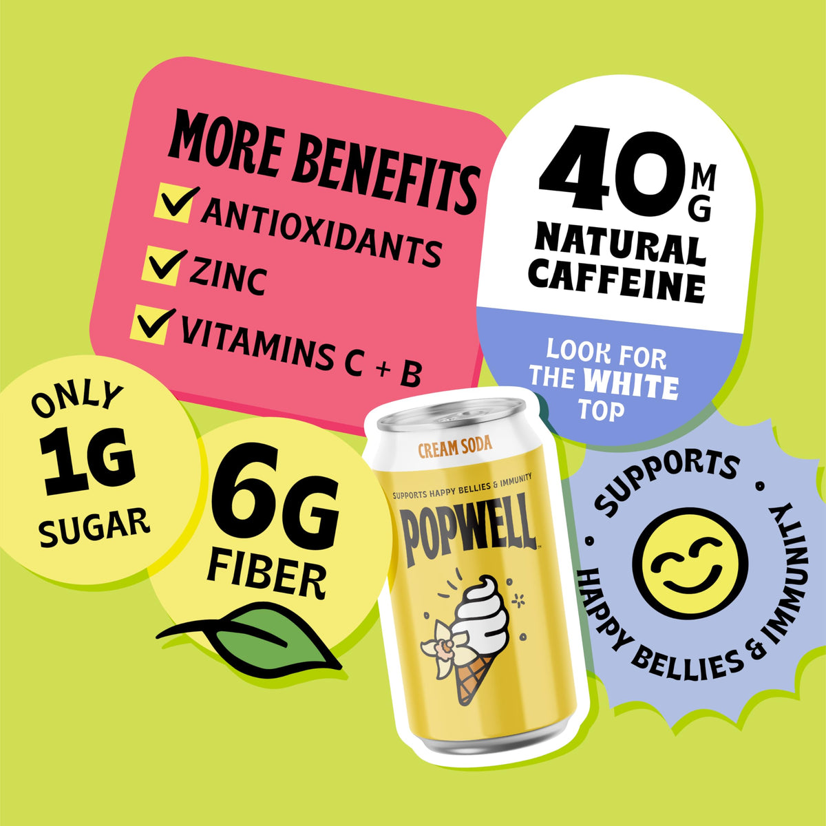 Popwell Cream Soda label close-up emphasizes vitamins and fiber in every serving.