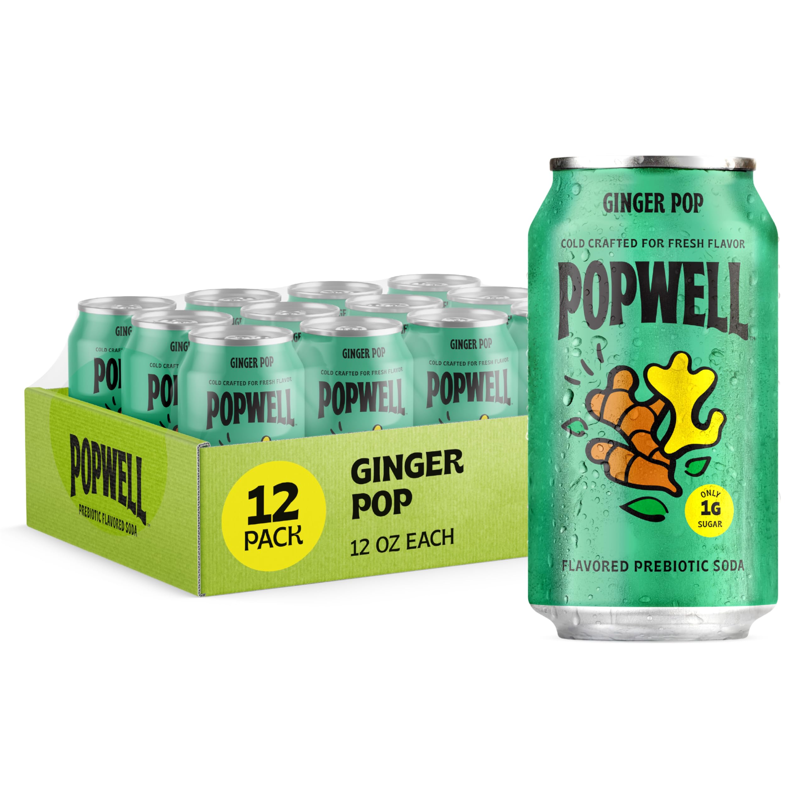 Popwell Ginger Pop Prebiotic Soda – 6g Fiber, 1g Sugar, Vitamins, 12x1 ...