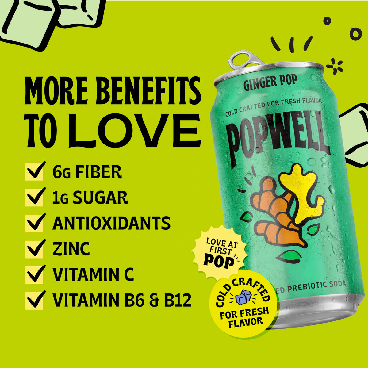 Popwell Ginger Pop can chilling on a table with ice, ready to refresh.