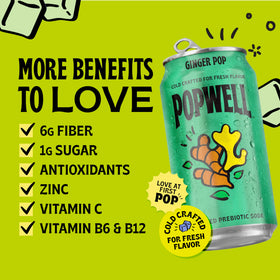 Popwell Ginger Pop can chilling on a table with ice, ready to refresh.