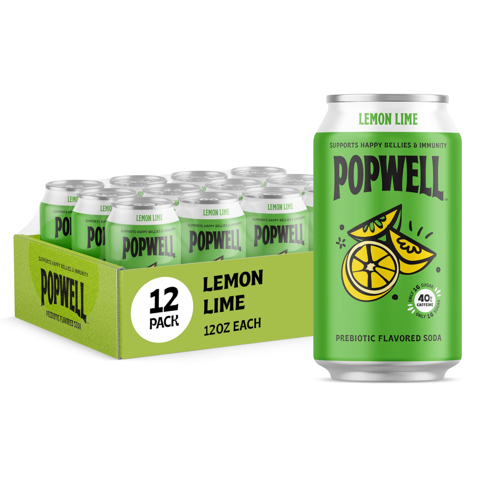 Popwell Lemon Lime prebiotic soda can front view showing bold citrus color and brand