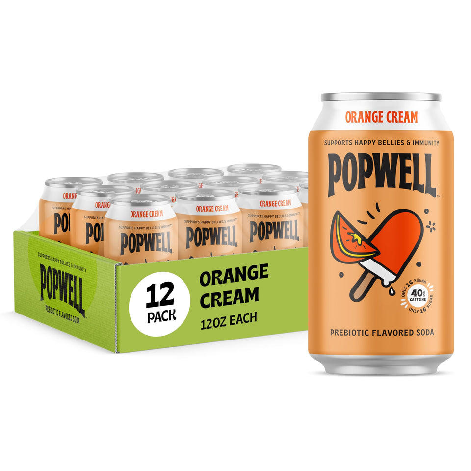 Popwell Orange Cream can front view shows vibrant flavor and 6 g fiber.