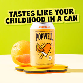 Popwell Orange Cream can side view highlighting low sugar and caffeine boost.