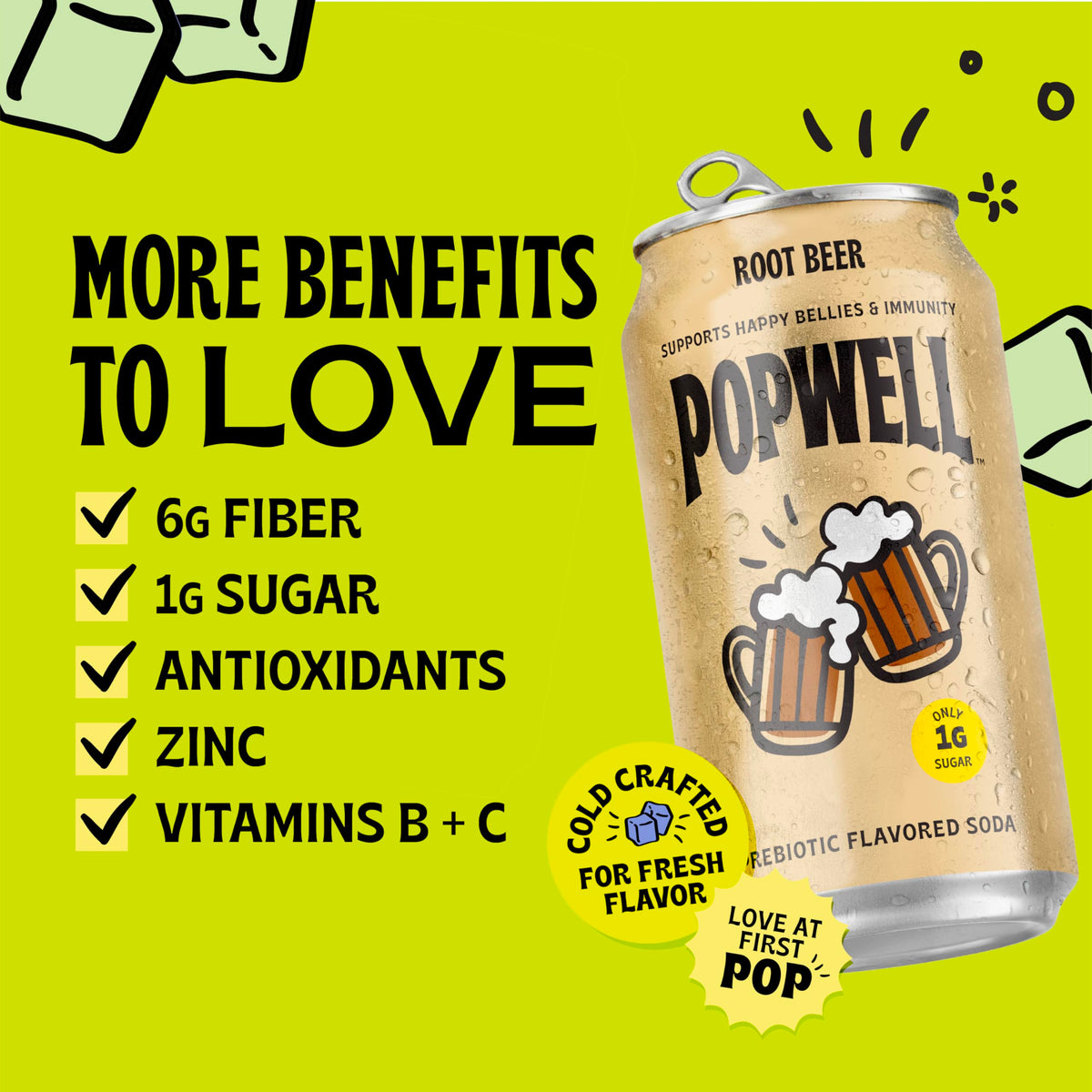 Popwell Root Beer ingredients label emphasizing fiber and vitamins for daily wellness
