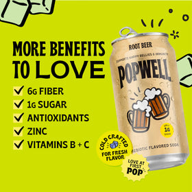 Popwell Root Beer ingredients label emphasizing fiber and vitamins for daily wellness