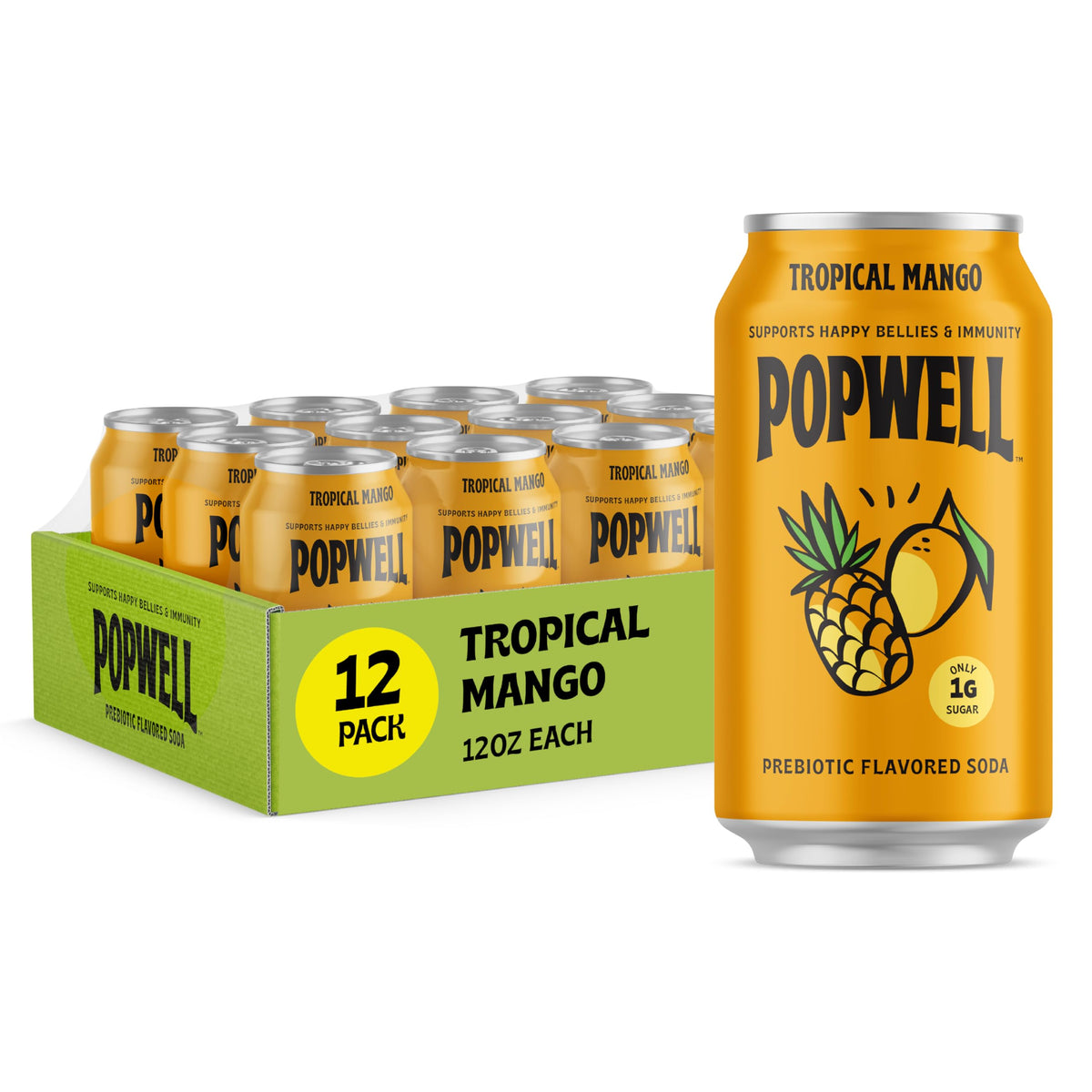 Popwell Tropical Mango soda bottle pour, a refreshing prebiotic pick-me-up