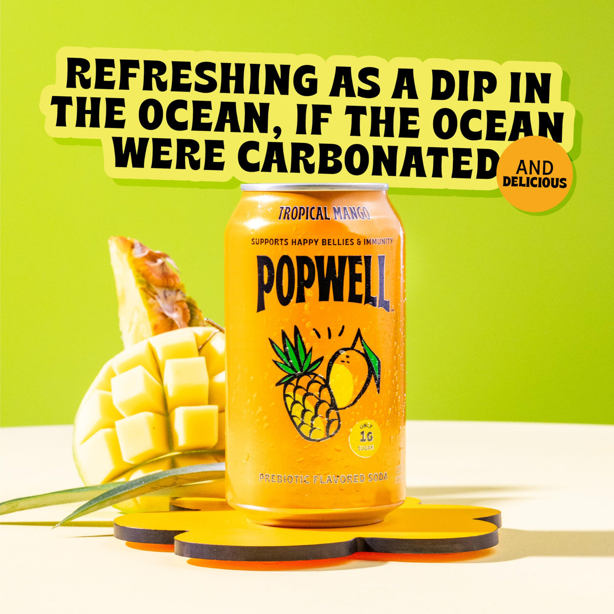 Popwell Tropical Mango soda can closeup, flavor-forward and low-sugar