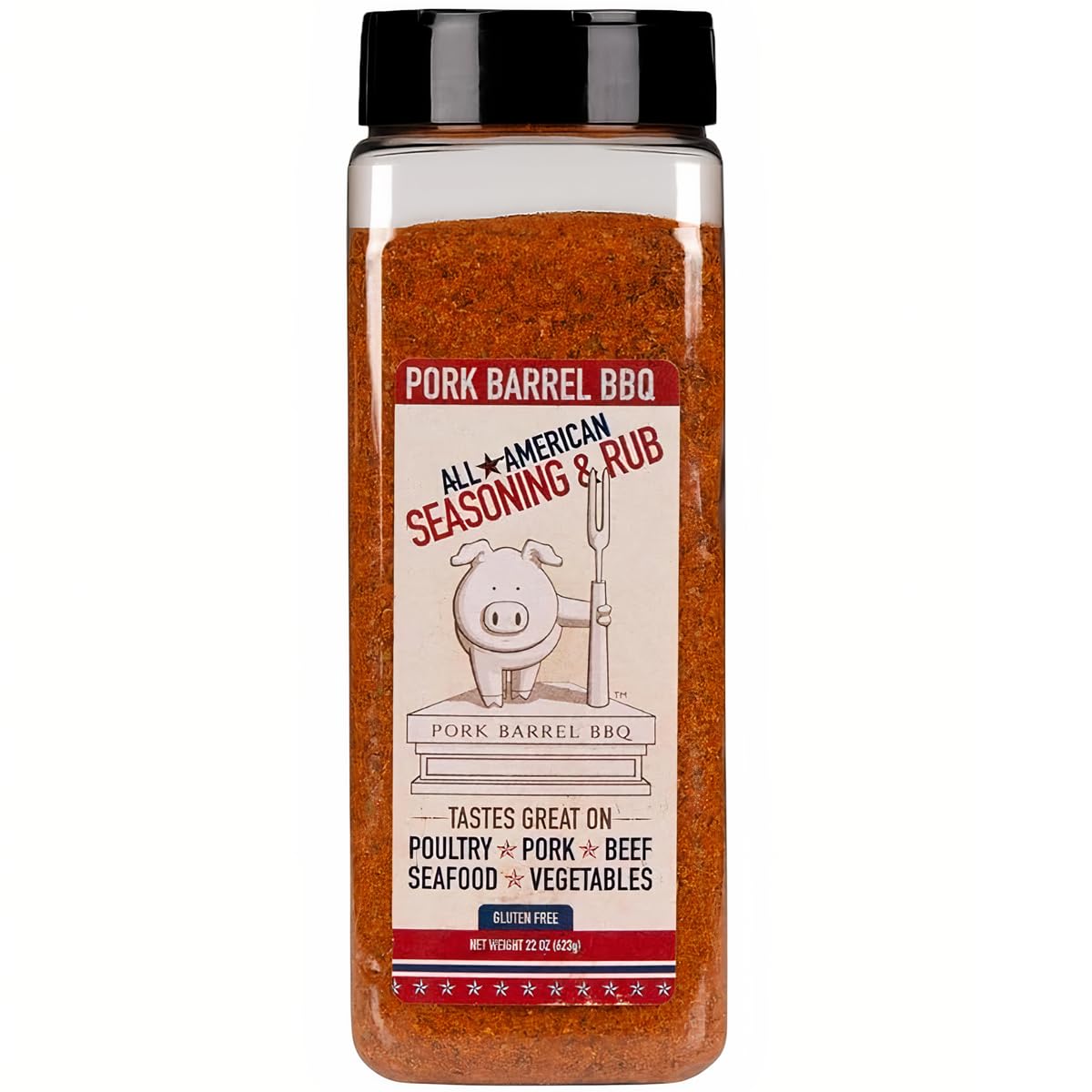 Pork Barrel BBQ All American Seasoning jar close-up boosts smoky flavor on chicken