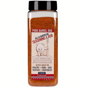 Pork Barrel BBQ All American Seasoning jar close-up boosts smoky flavor on chicken