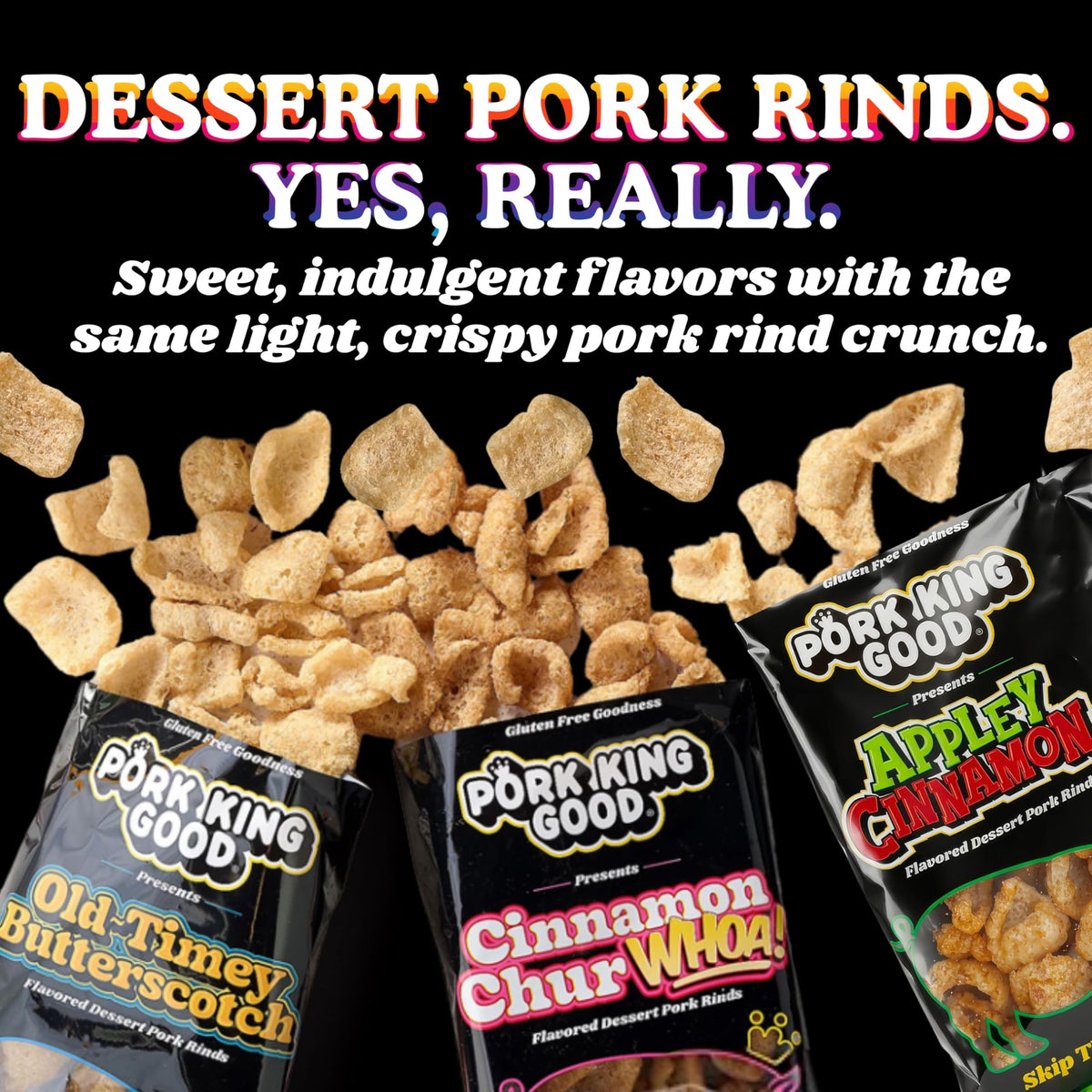 Pork King Good Appley Cinnamon 3oz bag closeup, sweet and low-carb crunch.