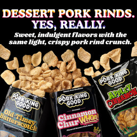 Pork King Good Appley Cinnamon 3oz bag closeup, sweet and low-carb crunch.
