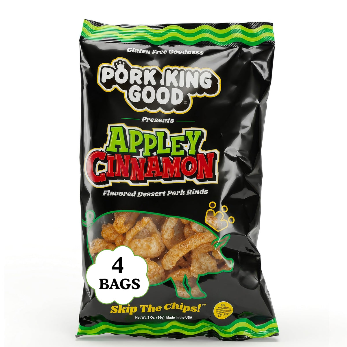 Pork King Good Appley Cinnamon 3oz bag front, gluten-free dessert snack.