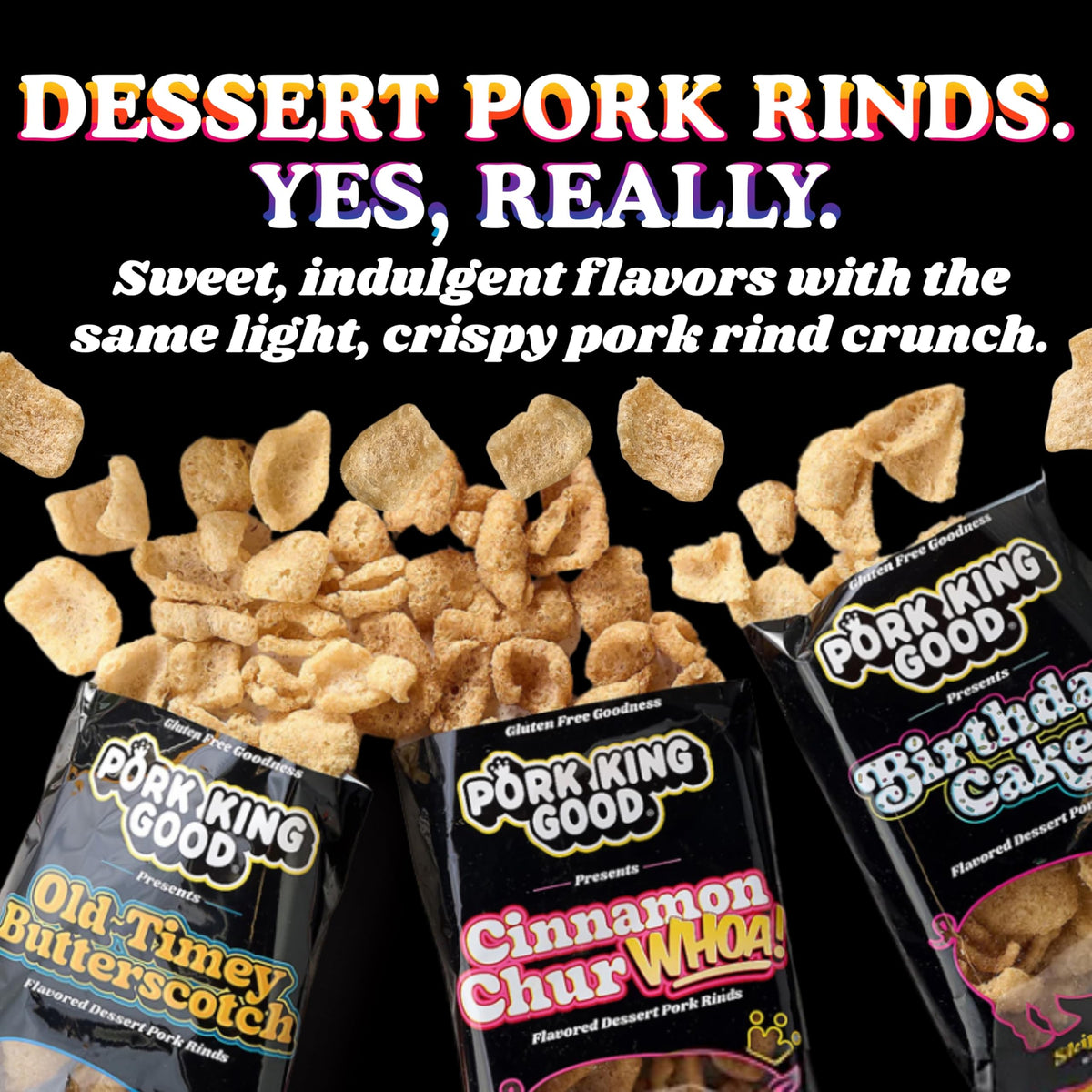 Pork King Good Birthday Cake pork rinds in a 3 oz bag with festive sweetness